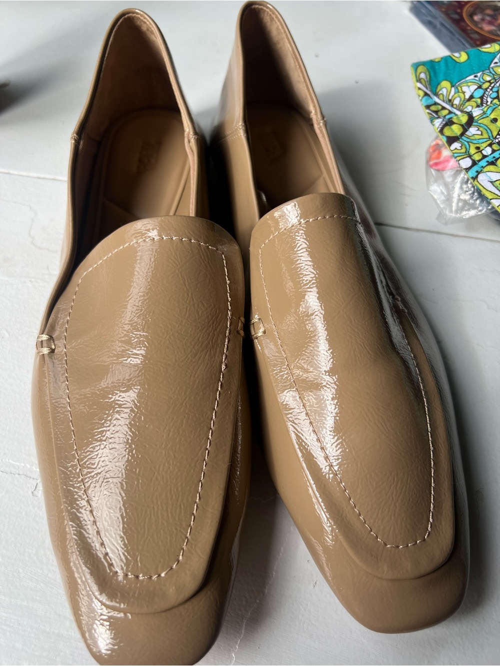 Zara Patent Square Toe Loafer Beige Taupe Flat Moccasins Size US 10